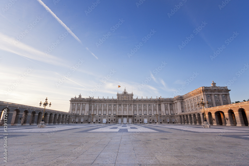 Royal Palace of Madrid on a beautiful sunny day right before sunset 