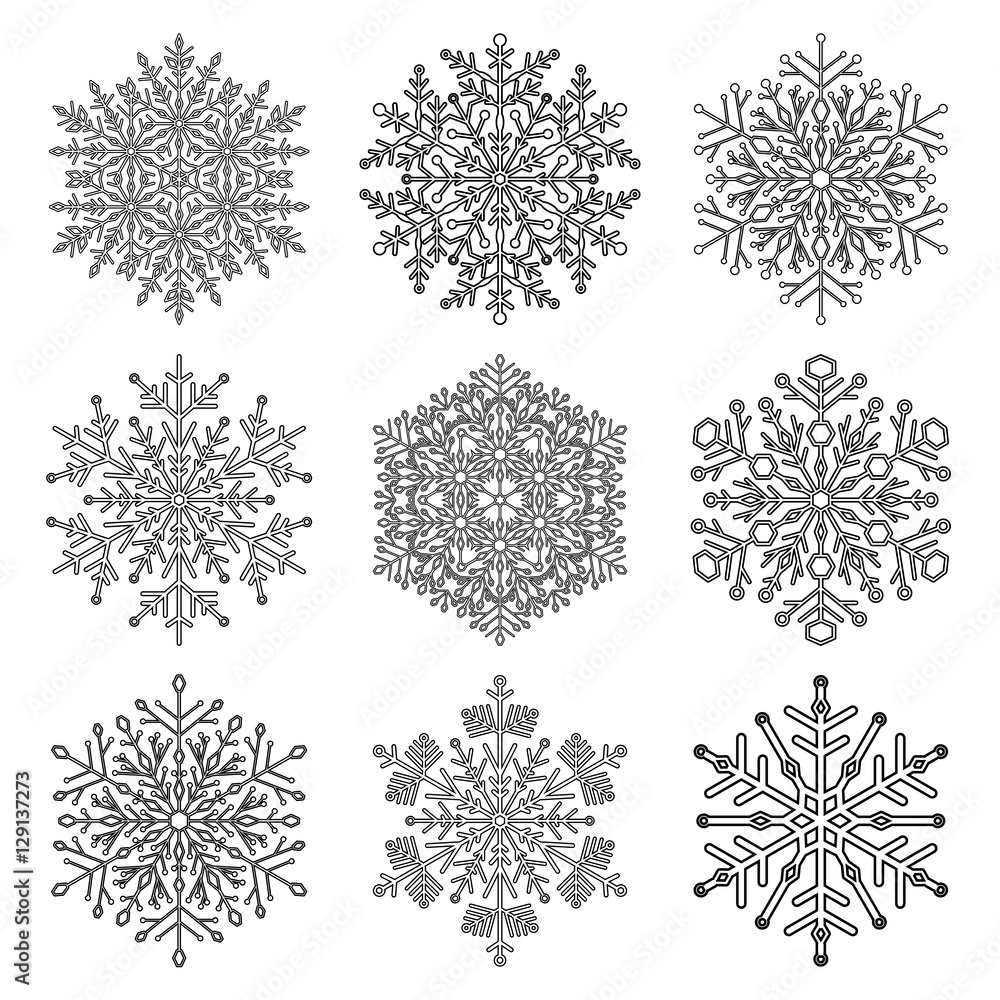 Set of snowflakes. Fine winter ornament. Snowflake collection. Black and white colors Set of snowflakes. Fine winter ornament. Snowflake collection. Black and white colors