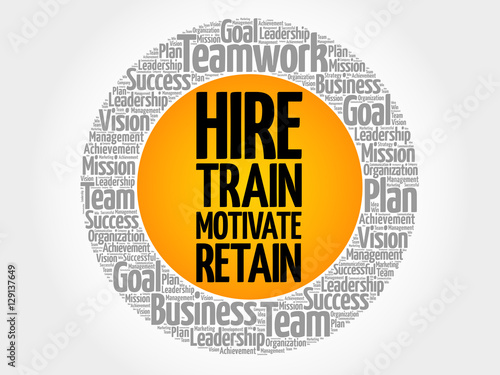 Hire, Train, Motivate and Retain circle word cloud, business concept