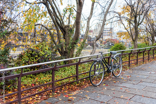 Old bicycles on walkway in autumn public park.