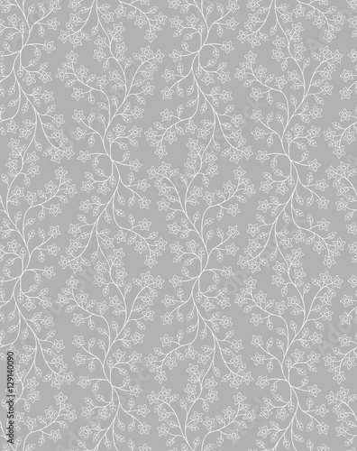 Seamless floral pattern. Repeating ivy pattern with flowers and leaves. Grey and white colors. Vector illustration.