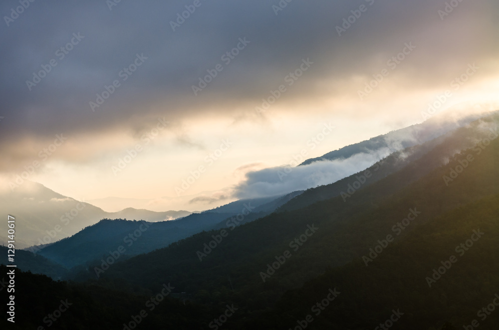Landscape of mountain view with sunrise in the morning
