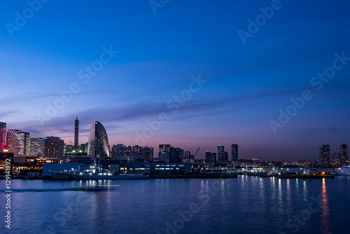 Yokohama Minato Mirai 21 seaside urban area in Japan at dusk