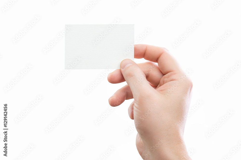 Male hand holding white business card at isolated background 