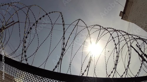 Fence in the prison of power of detention. Inner classic prison landscape. Russia 