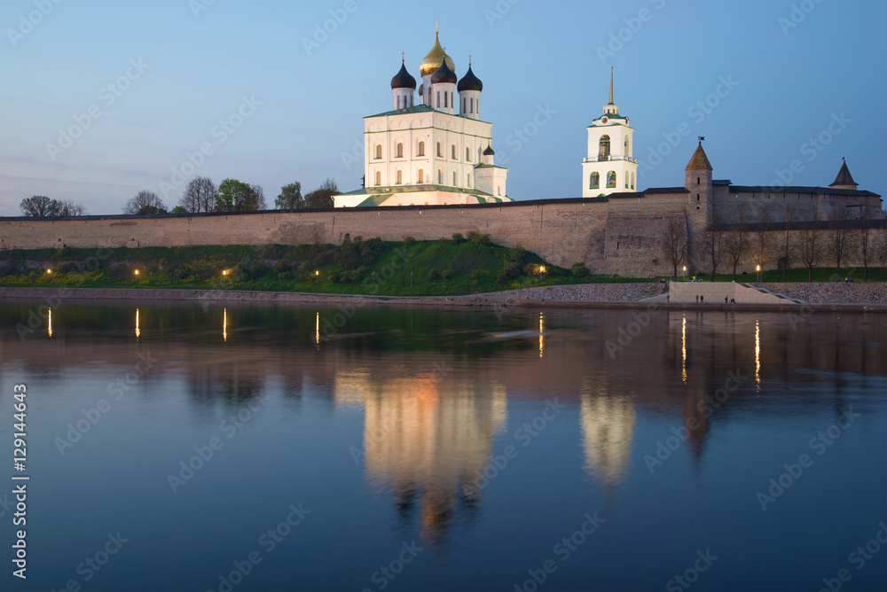 View of Trinity Cathedral in the Pskov Kremlin in May twilight. Pskov, Russia