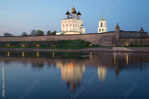 View of Trinity Cathedral in the Pskov Kremlin in May twilight. Pskov, Russia