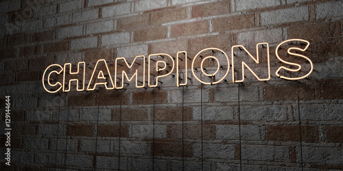 Fotobehang CHAMPIONS - Glowing Neon Sign on stonework wall - 3D rendered royalty free stock illustration