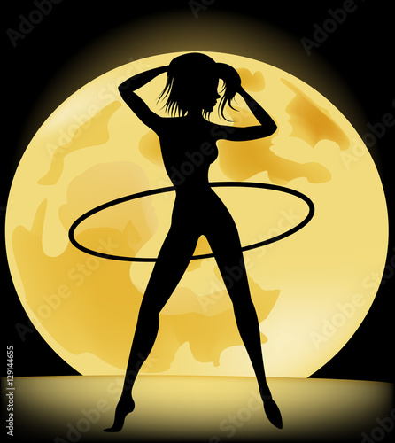 Silhouette of a slender woman doing exercises with hula-hoop in