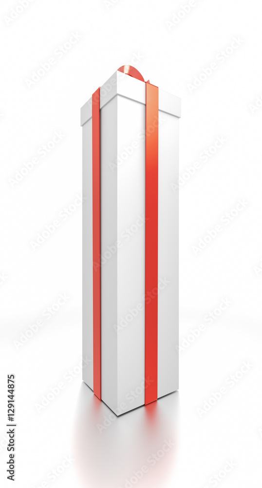 White gift box with red ribbon bow tie from side closeup angle. Tall, vertical, long, rectangle and very large size. White gift box with red ribbon bow tie from side closeup angle. Tall, vertical, long, rectangle and very large size.