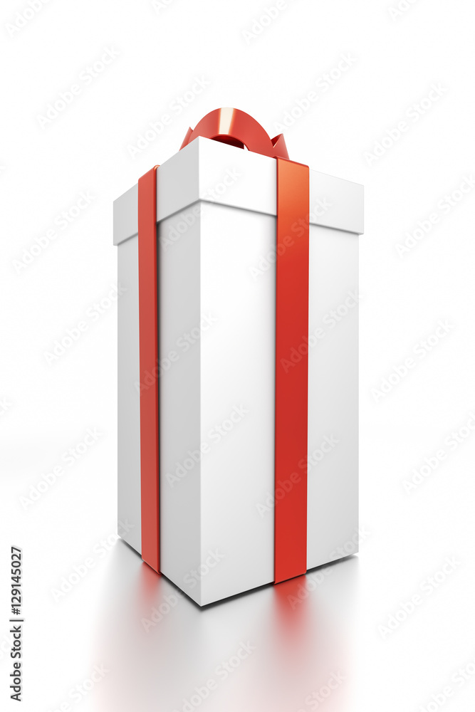 White gift box with red ribbon bow tie from side closeup angle. Tall, vertical, square and medium size. White gift box with red ribbon bow tie from side closeup angle. Tall, vertical, square and medium size.