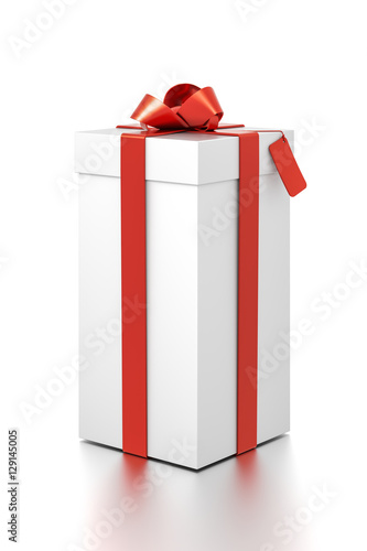 Wallpaper Mural White gift box with red ribbon bow tie from far side angle. Tall, vertical, square and medium size. Torontodigital.ca