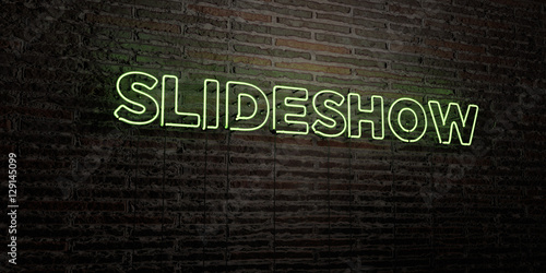 SLIDESHOW -Realistic Neon Sign on Brick Wall background - 3D rendered royalty free stock image. Can be used for online banner ads and direct mailers..