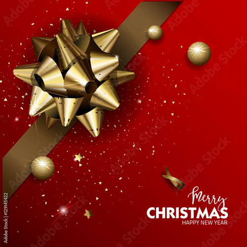 Elegant Merry Christmas or Happy New Year background with gold bow.