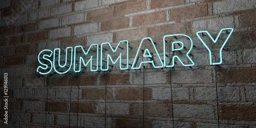 SUMMARY - Glowing Neon Sign on stonework wall - 3D rendered royalty free stock illustration.  Can be used for online banner ads and direct mailers..
