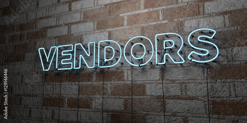 VENDORS - Glowing Neon Sign on stonework wall - 3D rendered royalty free stock illustration.  Can be used for online banner ads and direct mailers.. photo