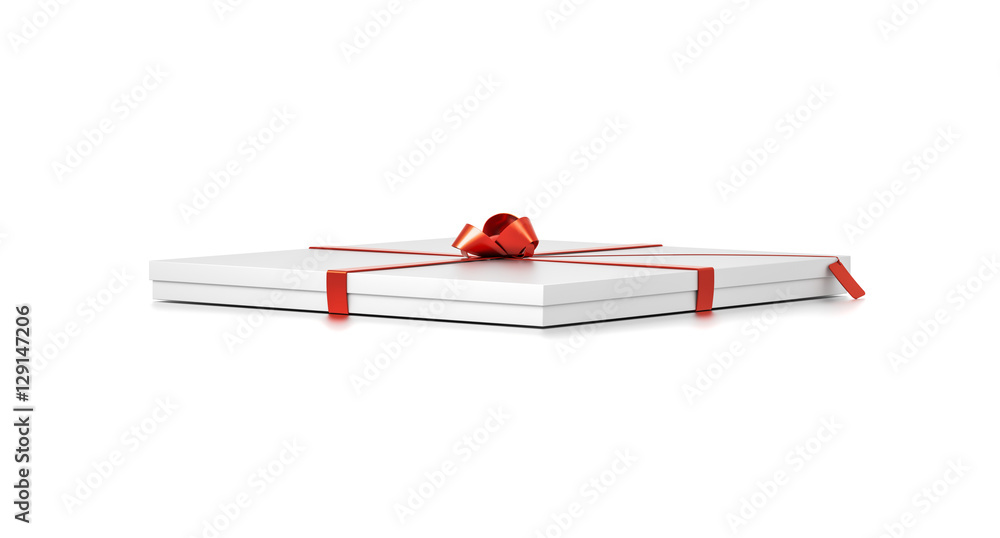 White gift box with red ribbon bow tie from far side angle. Thin, horizontal, square and large size. White gift box with red ribbon bow tie from far side angle. Thin, horizontal, square and large size.