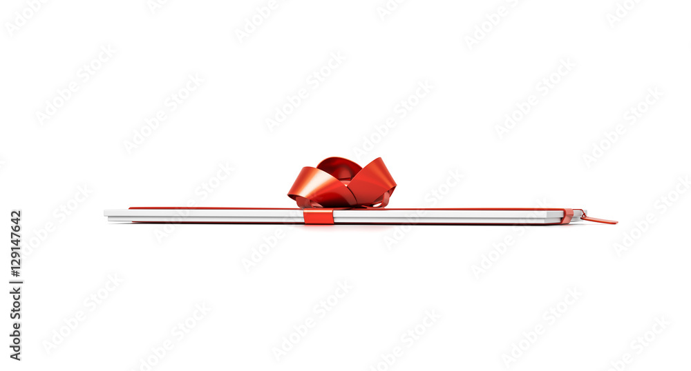 White gift box with red ribbon bow tie from front far side angle. Thin, slim, wide, horizontal, long, rectangle and medium size. White gift box with red ribbon bow tie from front far side angle. Thin, slim, wide, horizontal, long, rectangle and medium size.