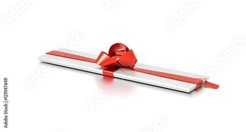 White gift box with red ribbon bow tie from top side angle. Thin, slim, wide, narrow horizontal, long, rectangle and medium size.