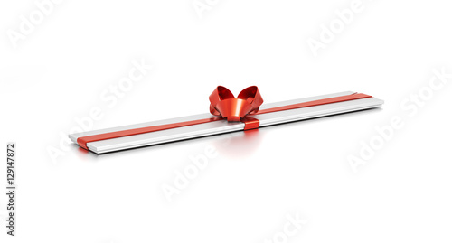 White gift box with red ribbon bow tie from top angle. Thin, slim, square and very large size.