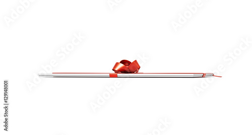 White gift box with red ribbon bow tie from top angle. Thin, slim, square and very large size.