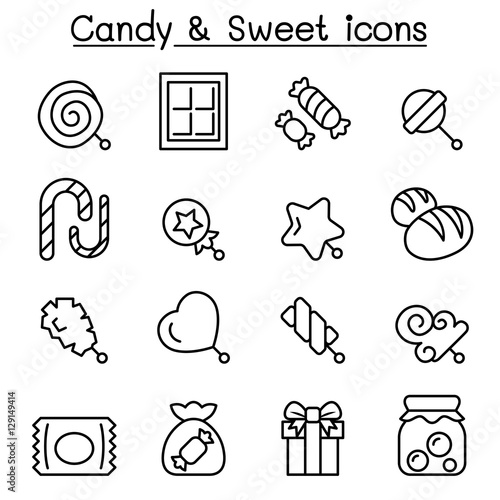 Candy & Sweet icon set in thin line style