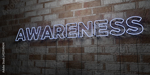 AWARENESS - Glowing Neon Sign on stonework wall - 3D rendered royalty free stock illustration.  Can be used for online banner ads and direct mailers..