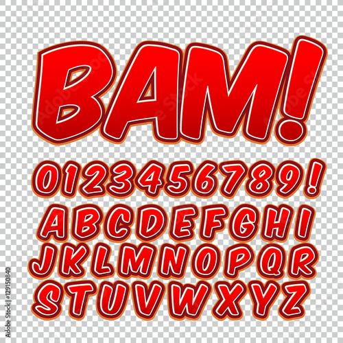 Creative high detail comic font. Alphabet of comics, pop art.