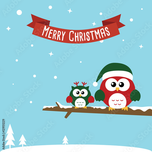 Cute Christmas Owls wearing Santa Claus hat standing on the branch. Flat design Vector illustration for Merry Christmas and Happy New Year invitation card on sky blue background.
