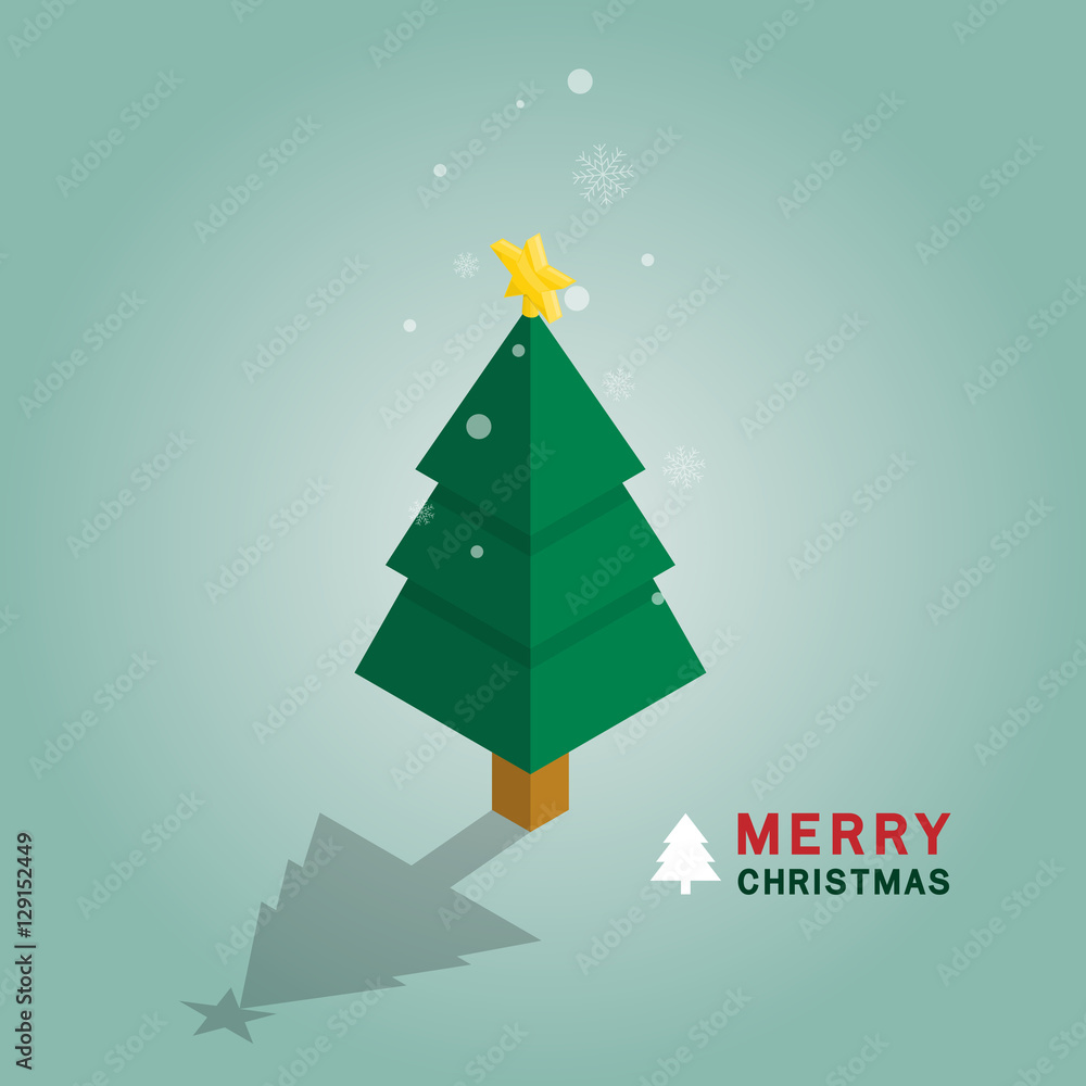 Fototapeta premium Merry Christmas tree isometric on blue background. Snow flake falling.