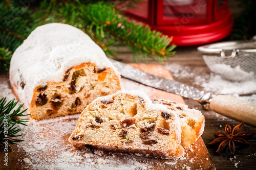 Traditional christmas stollen fruit cake