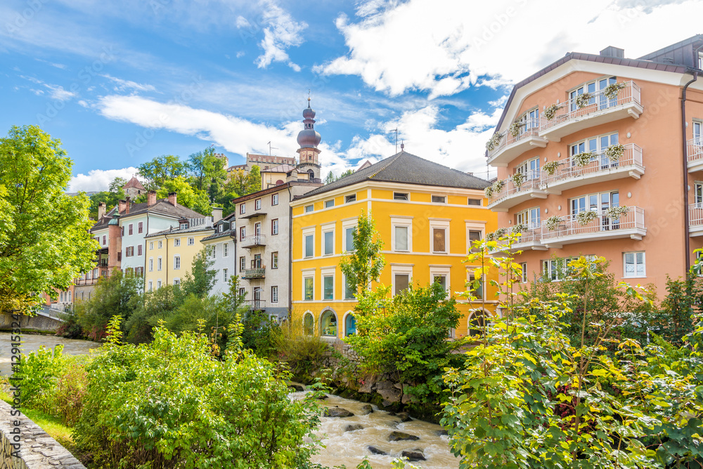 Brunico Town with Rienz river in Italy