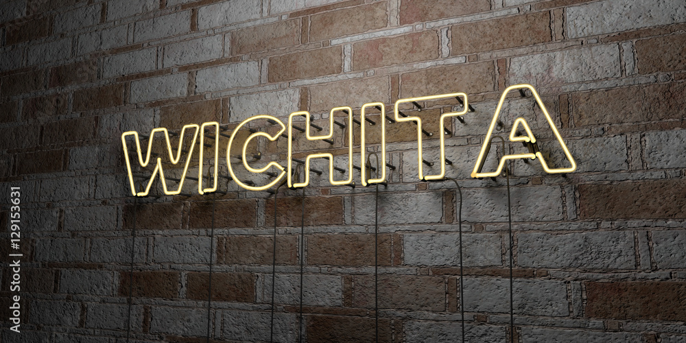 Fototapeta premium WICHITA - Glowing Neon Sign on stonework wall - 3D rendered royalty free stock illustration. Can be used for online banner ads and direct mailers..