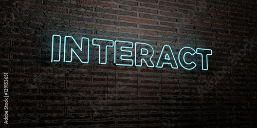 INTERACT -Realistic Neon Sign on Brick Wall background - 3D rendered royalty free stock image. Can be used for online banner ads and direct mailers..