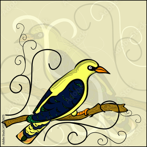 background with painted oriole sitting on a branch