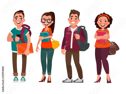Characters of students on a white background. Vector illustratio