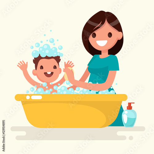 Happy mother washes her baby. Vector illustration in a flat styl