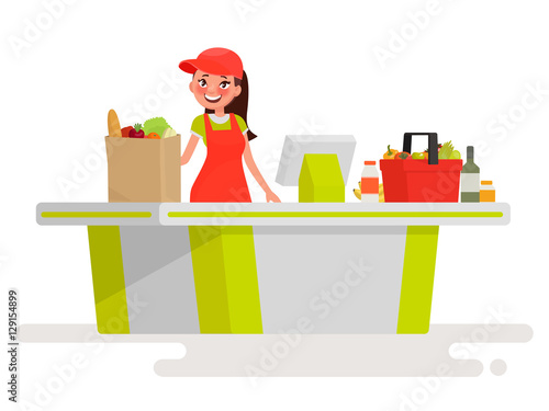 Lovely girl cashier at the cash register supermarket. Vector ill
