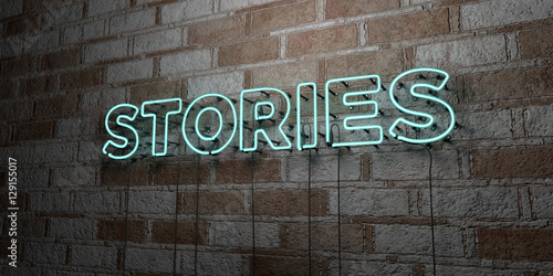 STORIES - Glowing Neon Sign on stonework wall - 3D rendered royalty free stock illustration.  Can be used for online banner ads and direct mailers.. photo