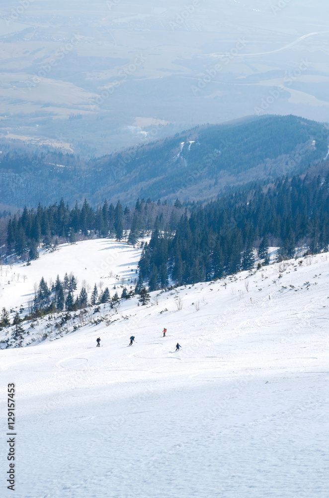man ski free ride downhill at winter season in shadow on beautiful sunny day