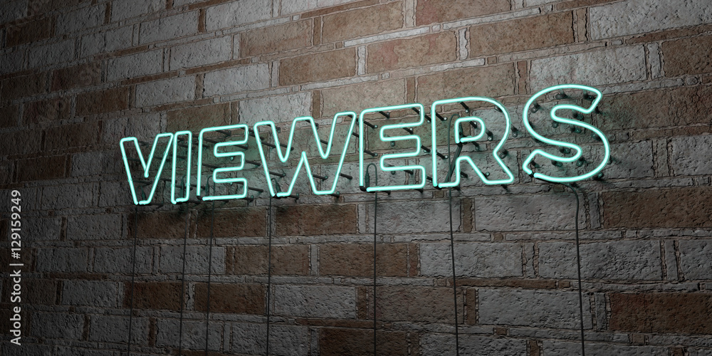 Naklejka premium VIEWERS - Glowing Neon Sign on stonework wall - 3D rendered royalty free stock illustration. Can be used for online banner ads and direct mailers..