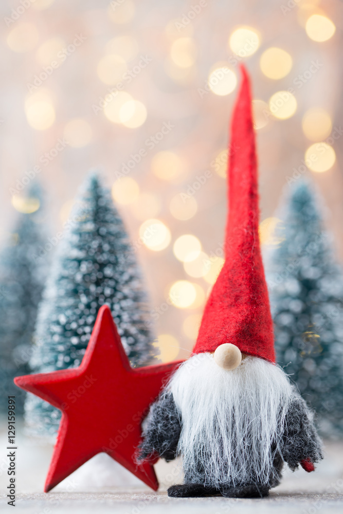 Christmas greeting card. Gnome festive background. New year symb Christmas greeting card. Gnome festive background. New year symb
