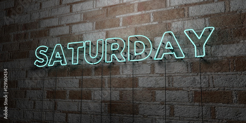 SATURDAY - Glowing Neon Sign on stonework wall - 3D rendered royalty free stock illustration. Can be used for online banner ads and direct mailers..