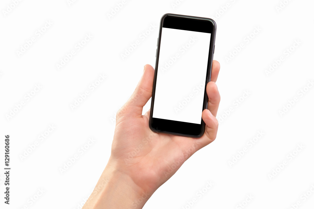 Male hand holding black cellphone isolated at white background. Male hand holding black cellphone isolated at white background.