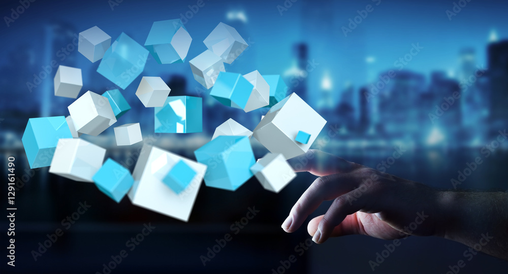 Businesswoman touching flying blue shiny cube 3D rendering Businesswoman touching flying blue shiny cube 3D rendering