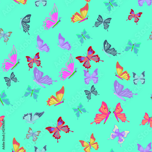 Seamless pattern lovely multicolored butterflies fly. 