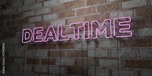 DEALTIME - Glowing Neon Sign on stonework wall - 3D rendered royalty free stock illustration. Can be used for online banner ads and direct mailers..