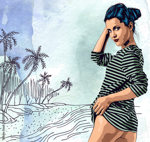 Beauty woman on ocean beach, hand drawn. Watercolor paper background. Vector image.