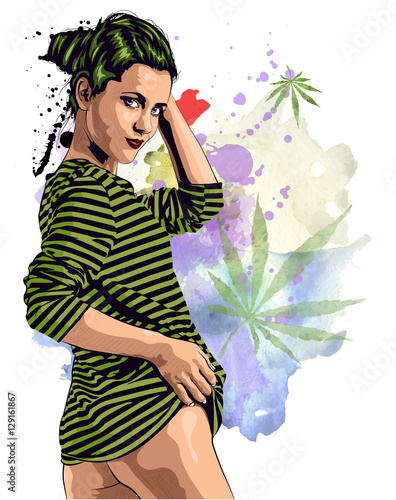 Woman naked legs smoke marijuana. Vector image. Strip t-shirt. Cannabis leafs. Watercolor and ink drops on background
