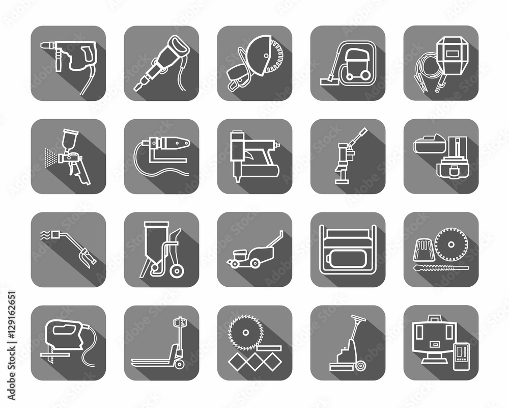 Construction tools, consumables, icons, contour, gray. Vector, white contour drawings of equipment for construction and renovation on a gray background with shadow. 